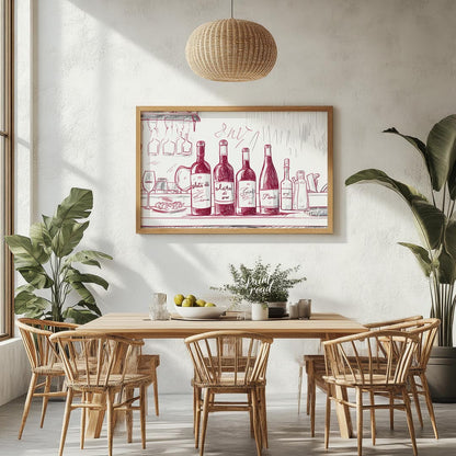 A charming hand-drawn illustration depicting a collection of wine bottles resting on a kitchen coun… for dining room