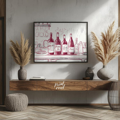 A charming hand-drawn illustration depicting a collection of wine bottles resting on a kitchen coun… for dining room