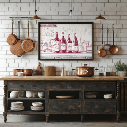 A charming hand-drawn illustration depicting a collection of wine bottles resting on a kitchen coun… for kitchen