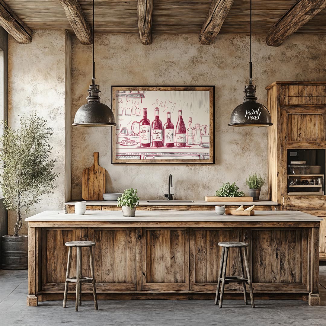 A charming hand-drawn illustration depicting a collection of wine bottles resting on a kitchen coun… for kitchen