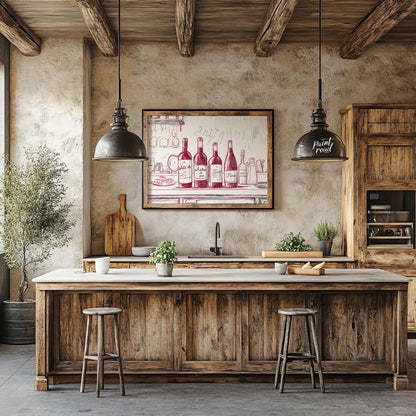 A charming hand-drawn illustration depicting a collection of wine bottles resting on a kitchen coun… for kitchen