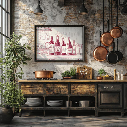 A charming hand-drawn illustration depicting a collection of wine bottles resting on a kitchen coun… for kitchen