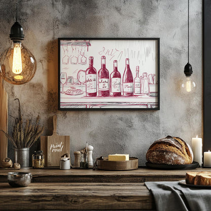 A charming hand-drawn illustration depicting a collection of wine bottles resting on a kitchen coun… for kitchen