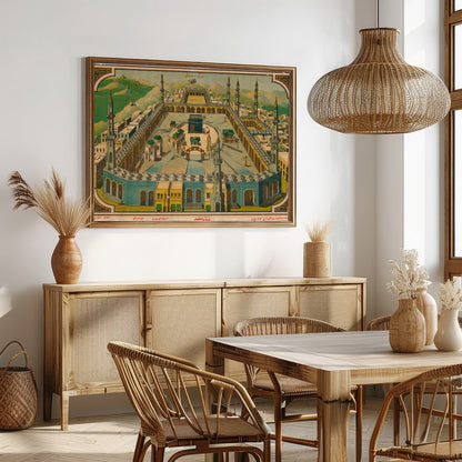 This captivating vintage artwork beautifully captures the essence of a sacred mosque set against a for Dining