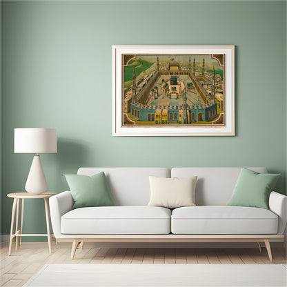 This captivating vintage artwork beautifully captures the essence of a sacred mosque set against a for Hall