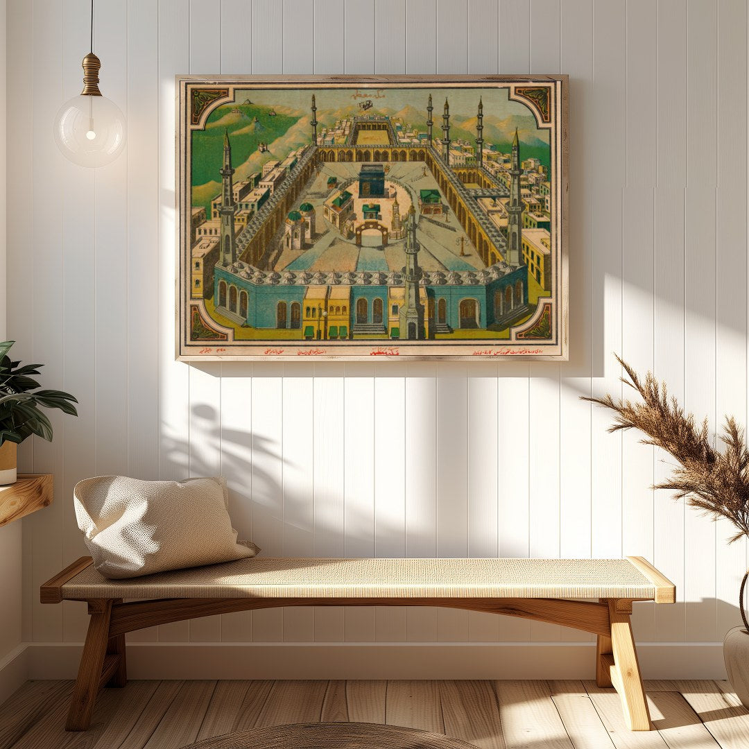 This captivating vintage artwork beautifully captures the essence of a sacred mosque set against a for Hallway