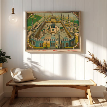 This captivating vintage artwork beautifully captures the essence of a sacred mosque set against a for Hallway