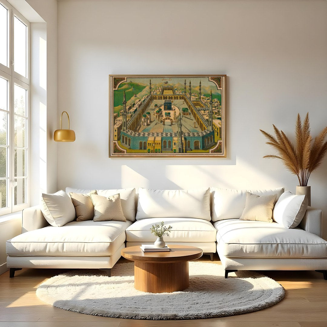This captivating vintage artwork beautifully captures the essence of a sacred mosque set against a for Living Room