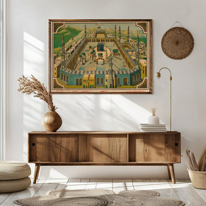 This captivating vintage artwork beautifully captures the essence of a sacred mosque set against a for Sitting Area