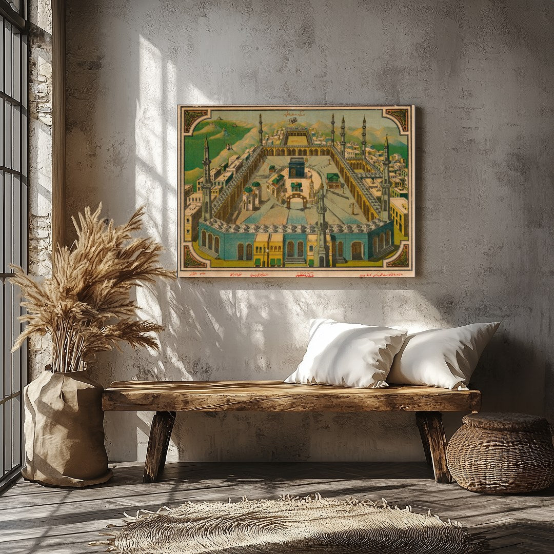 This captivating vintage artwork beautifully captures the essence of a sacred mosque set against a for Veranda
