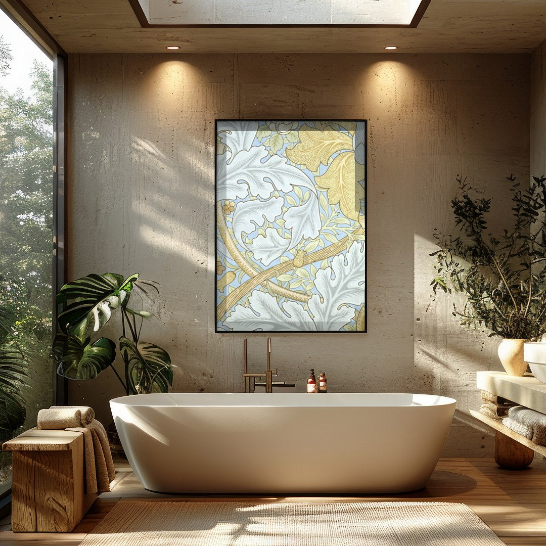 This enchanting wall art piece showcases a vintage botanical design with intricate leaves and for Bathroom