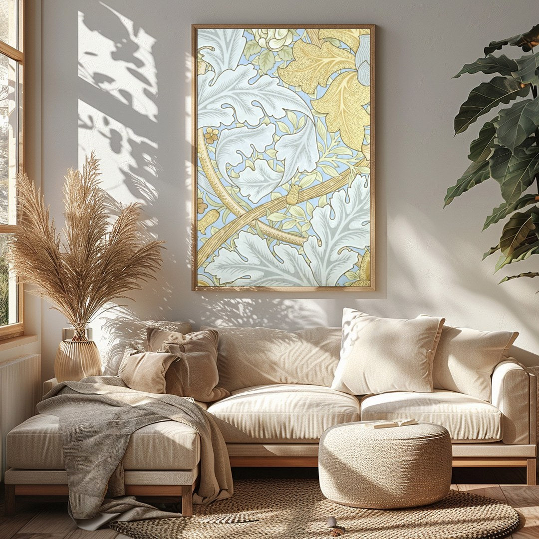 This enchanting wall art piece showcases a vintage botanical design with intricate leaves and for Sitting Area