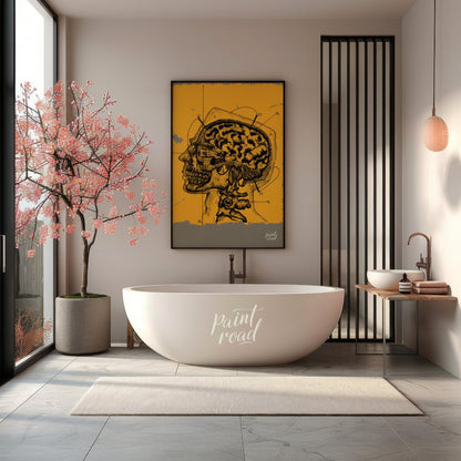 This intriguing image is a vintage anatomical illustration of the human brain and skull in profile,… for bathroom