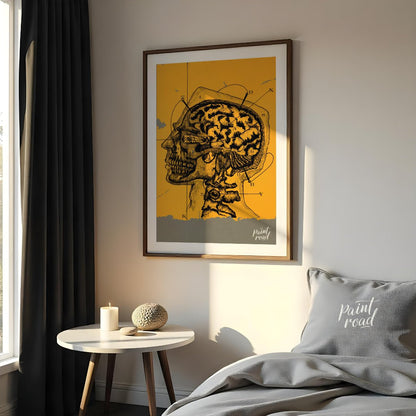 This intriguing image is a vintage anatomical illustration of the human brain and skull in profile,… for bedroom