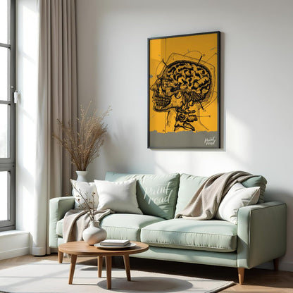 This intriguing image is a vintage anatomical illustration of the human brain and skull in profile,… for living room