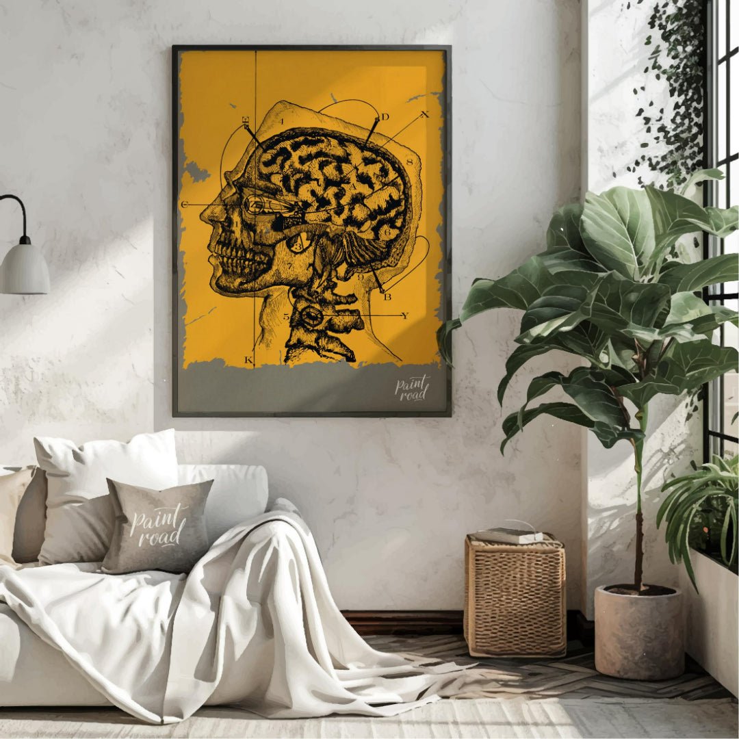 This intriguing image is a vintage anatomical illustration of the human brain and skull in profile,… for living room
