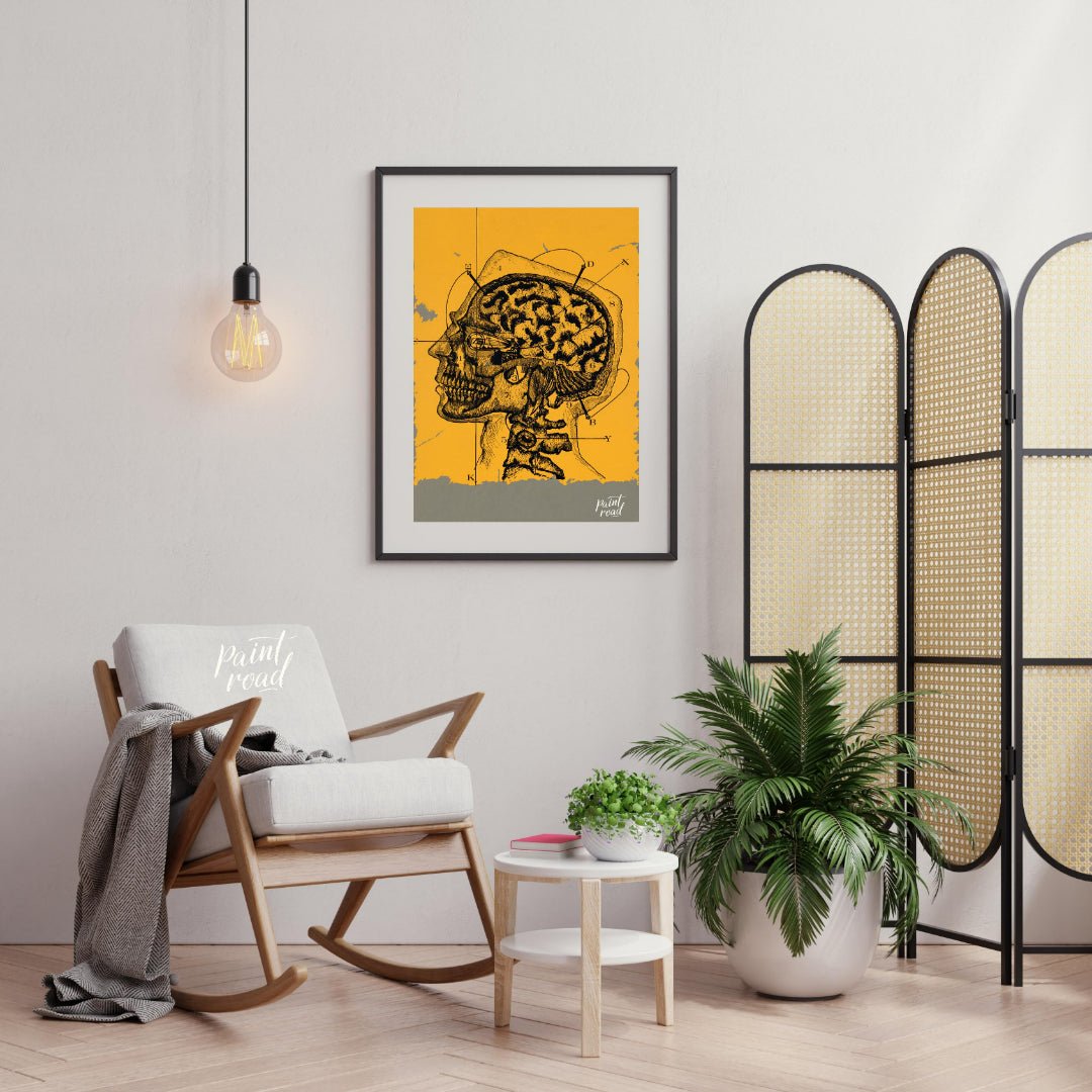 This intriguing image is a vintage anatomical illustration of the human brain and skull in profile,… for living room