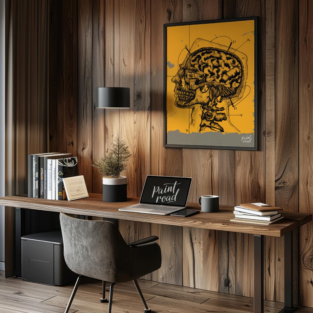 This intriguing image is a vintage anatomical illustration of the human brain and skull in profile,… for office