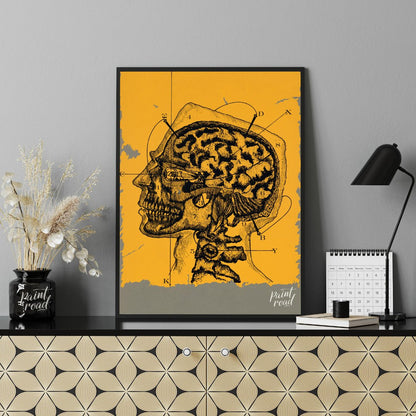 This intriguing image is a vintage anatomical illustration of the human brain and skull in profile,… for office