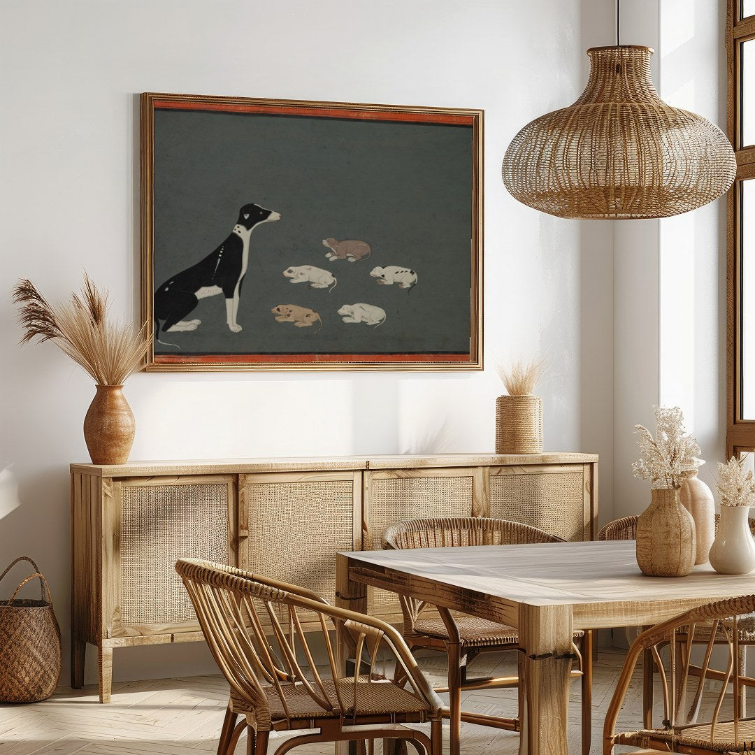This captivating artwork portrays a serene scene of a mother dog with her pups resting peacefully for Dining