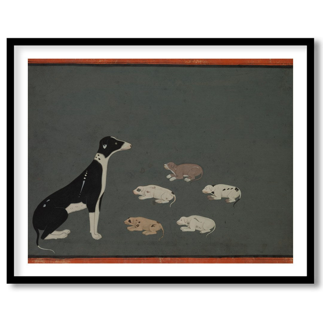 This captivating artwork portrays a serene scene of a mother dog with her pups resting peacefully for dwelling