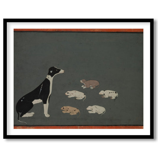This captivating artwork portrays a serene scene of a mother dog with her pups resting peacefully for dwelling