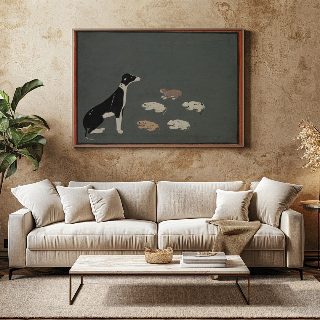 This captivating artwork portrays a serene scene of a mother dog with her pups resting peacefully for Family Room