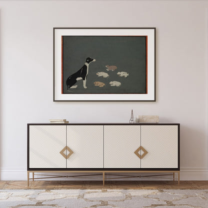 This captivating artwork portrays a serene scene of a mother dog with her pups resting peacefully for Foyer