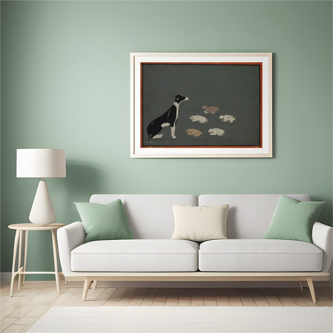This captivating artwork portrays a serene scene of a mother dog with her pups resting peacefully for Hall