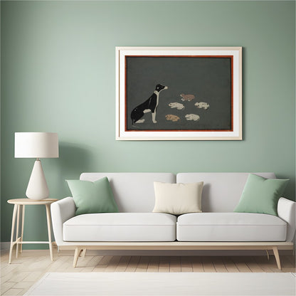 This captivating artwork portrays a serene scene of a mother dog with her pups resting peacefully for Hall