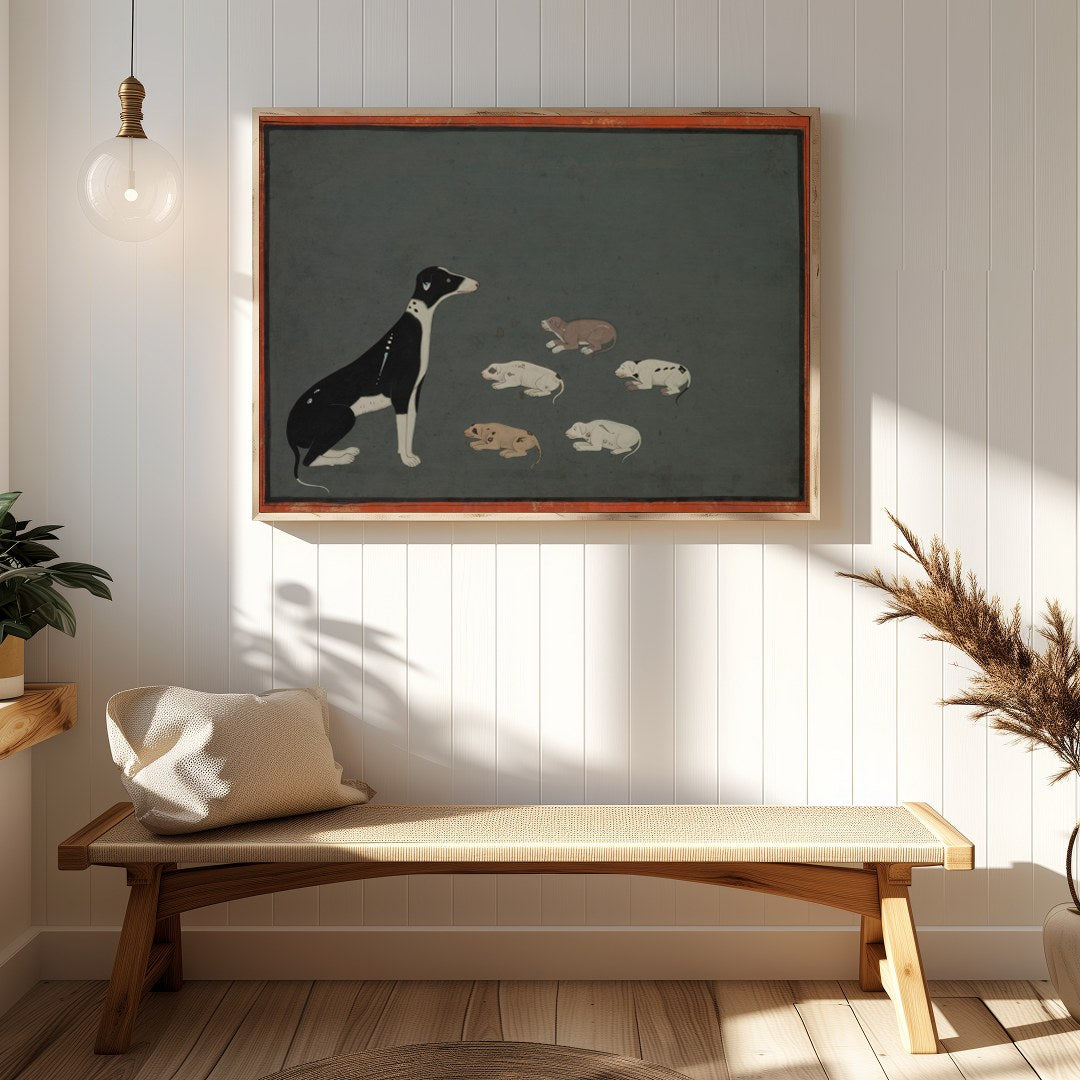 This captivating artwork portrays a serene scene of a mother dog with her pups resting peacefully for Hallway