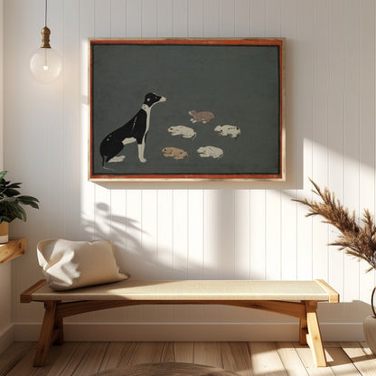 This captivating artwork portrays a serene scene of a mother dog with her pups resting peacefully for Hallway