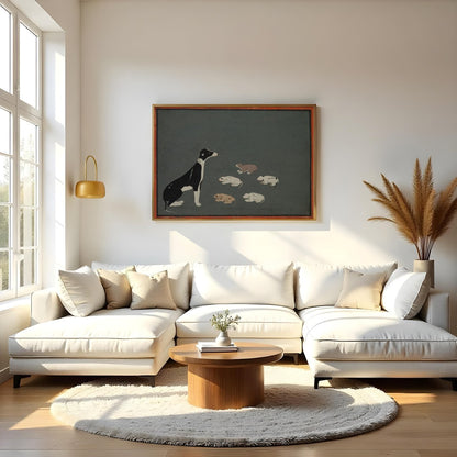 This captivating artwork portrays a serene scene of a mother dog with her pups resting peacefully for Living Room
