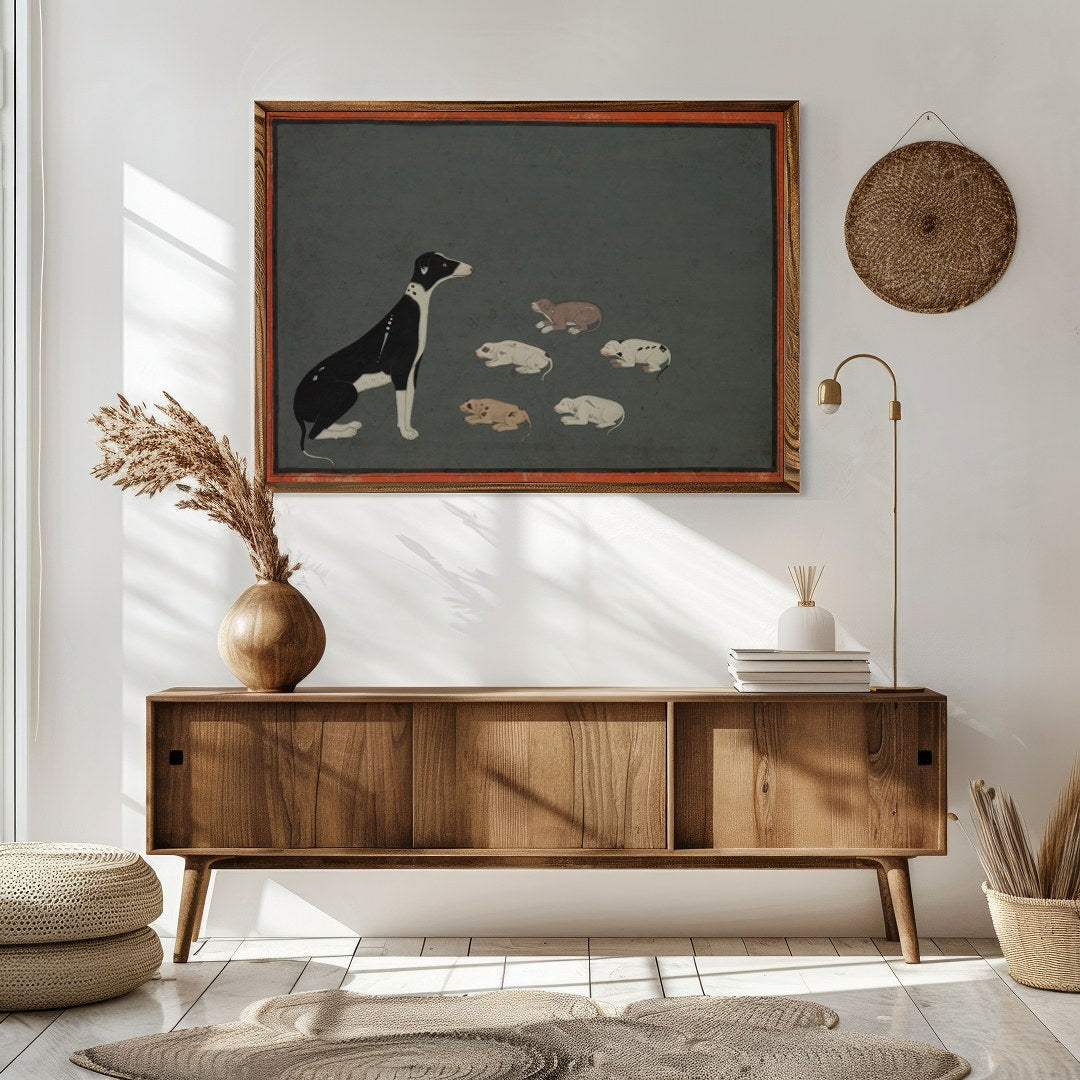 This captivating artwork portrays a serene scene of a mother dog with her pups resting peacefully for Sitting Area