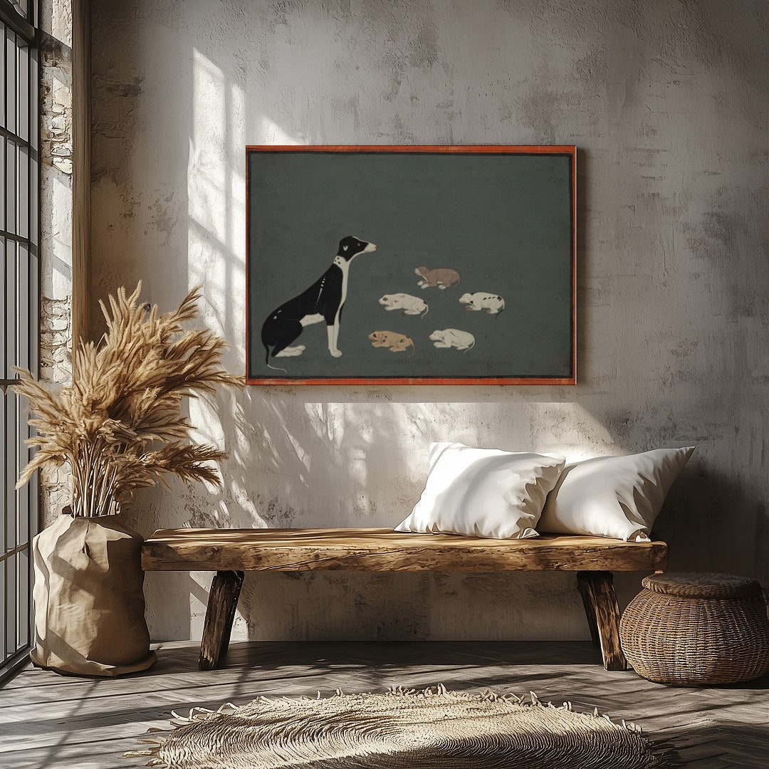 This captivating artwork portrays a serene scene of a mother dog with her pups resting peacefully for Veranda