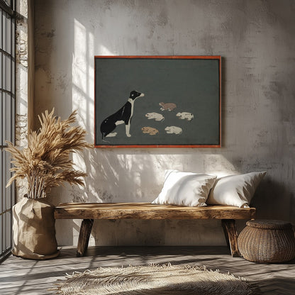 This captivating artwork portrays a serene scene of a mother dog with her pups resting peacefully for Veranda