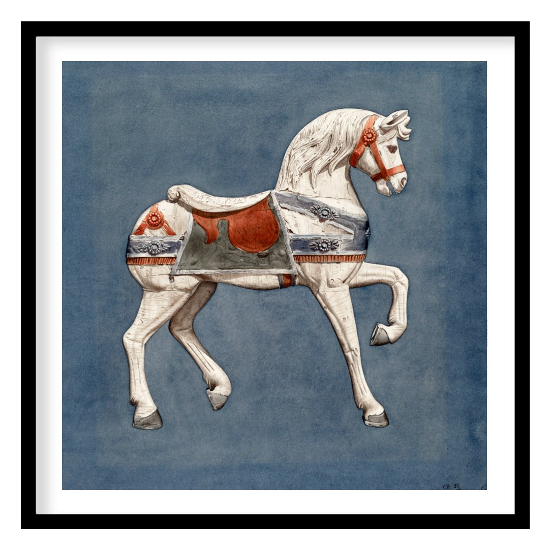 This charming artwork depicts a classic vintage carousel horse, beautifully detailed and set agains… for house