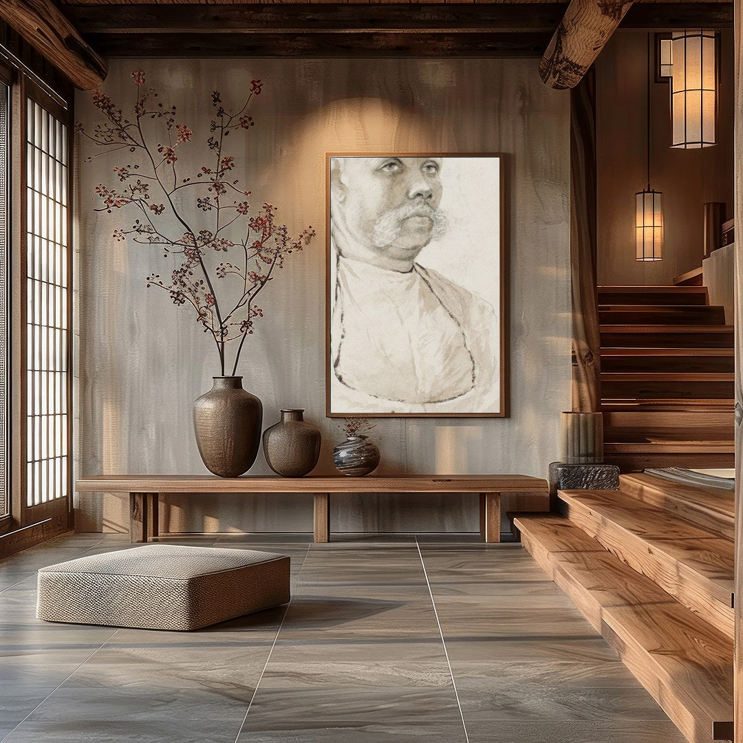 This exquisite vintage charcoal portrait captures the distinguished presence of a for Hall