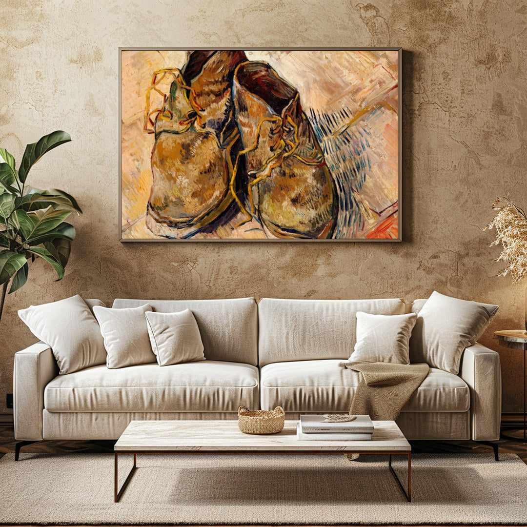 Immerse yourself in the rustic charm and vintage appeal of this artwork featuring a pair of worn for Family Room
