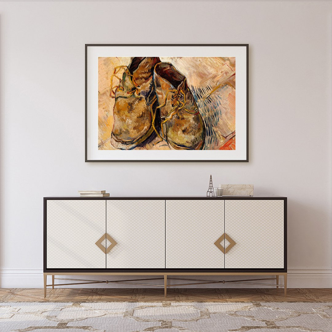 Immerse yourself in the rustic charm and vintage appeal of this artwork featuring a pair of worn for Foyer