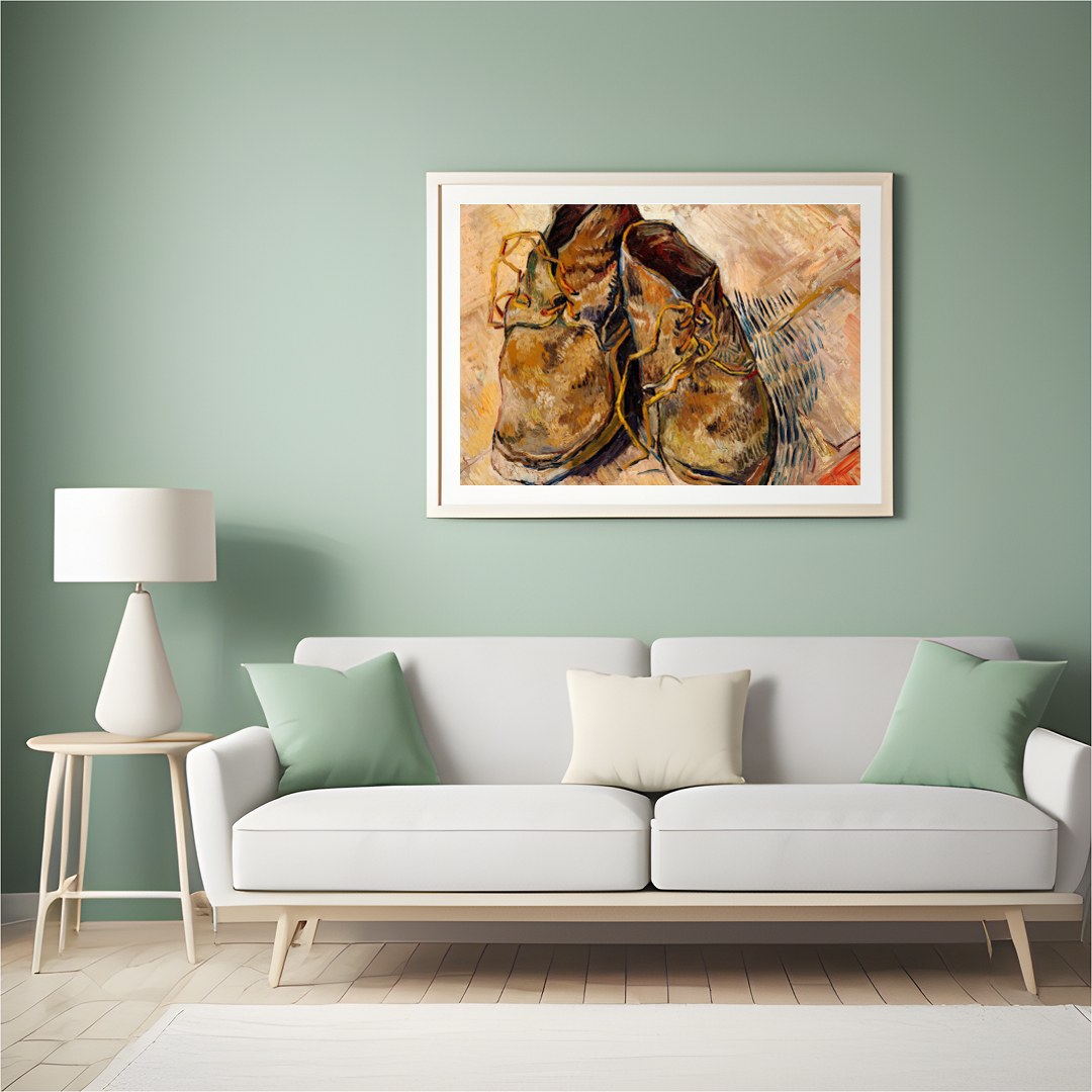 Immerse yourself in the rustic charm and vintage appeal of this artwork featuring a pair of worn for Hall