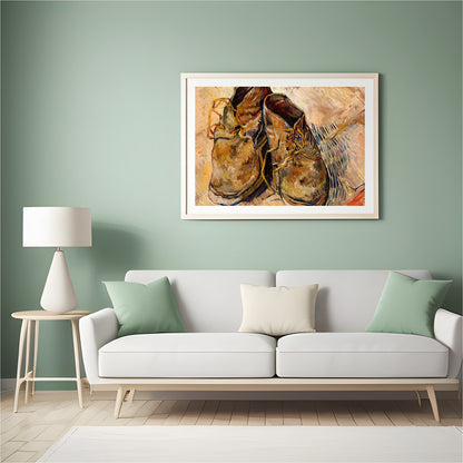 Immerse yourself in the rustic charm and vintage appeal of this artwork featuring a pair of worn for Hall