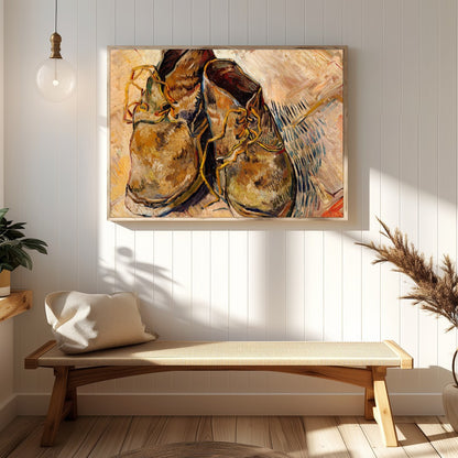 Immerse yourself in the rustic charm and vintage appeal of this artwork featuring a pair of worn for Hallway