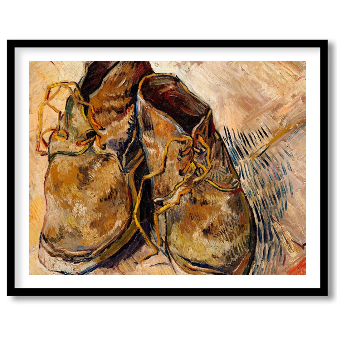 Immerse yourself in the rustic charm and vintage appeal of this artwork featuring a pair of worn for interior
