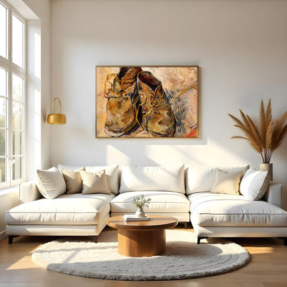 Immerse yourself in the rustic charm and vintage appeal of this artwork featuring a pair of worn for Living Room
