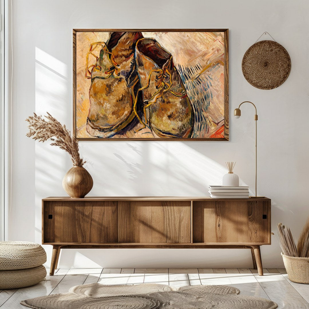 Immerse yourself in the rustic charm and vintage appeal of this artwork featuring a pair of worn for Sitting Area
