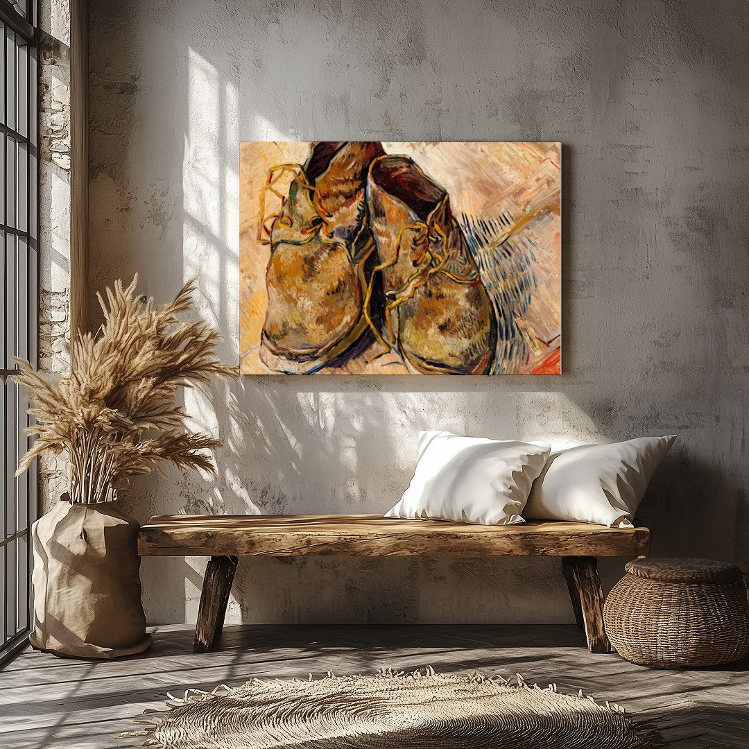 Immerse yourself in the rustic charm and vintage appeal of this artwork featuring a pair of worn for Veranda