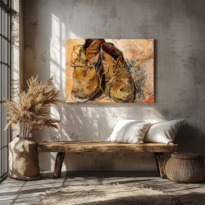 Immerse yourself in the rustic charm and vintage appeal of this artwork featuring a pair of worn for Veranda