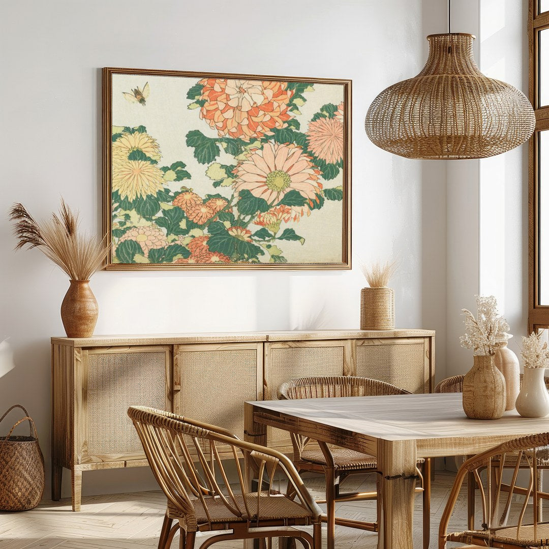 Immerse yourself in the timeless beauty of this vintage-style chrysanthemum artwork. The delicate for Dining