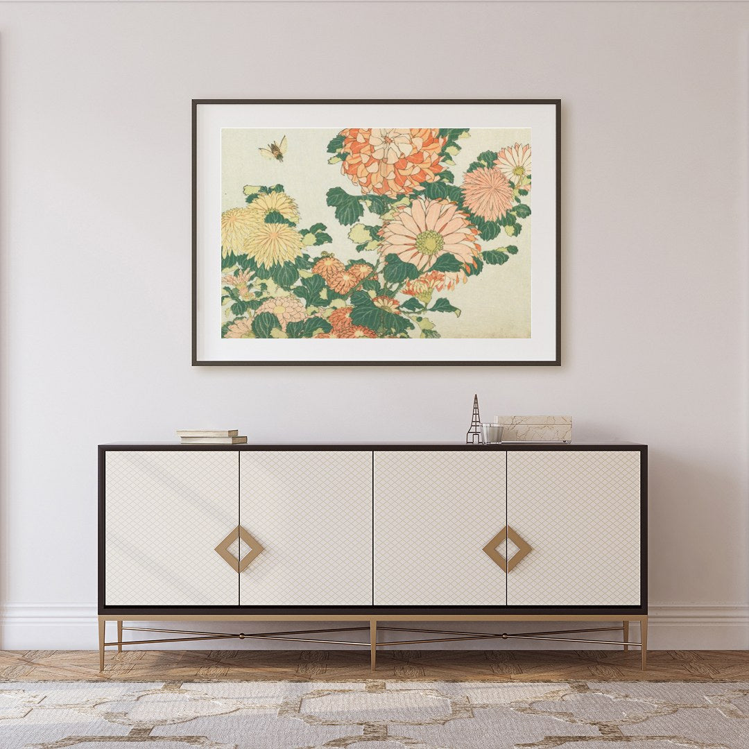 Immerse yourself in the timeless beauty of this vintage-style chrysanthemum artwork. The delicate for Foyer